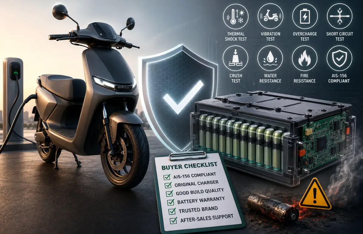 Why Do Electric Scooter Batteries Catch Fire? EV Battery Safety Tests, AIS-156 Standards and Buyer Checklist (2026 Guide) Featured Image
